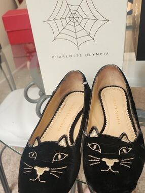 Charlotte Olympia Black Velvet Kitty Loafers with Gold Embroidery